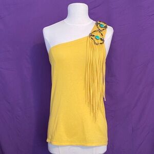 Nanette Lepore Mustard One-Shoulder Tank with Fringe and Beading. Silk/Linen. S.